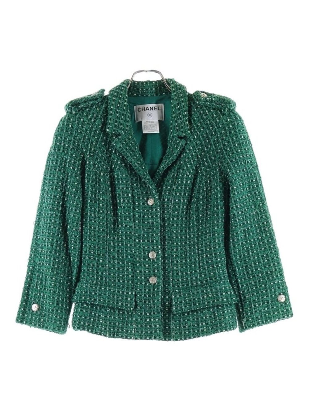 Chanel Tweed Jacket Green Coco Buttons